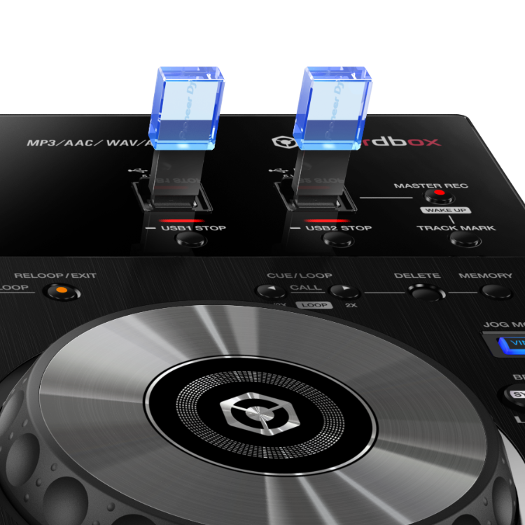 Pioneer DJ XDJ-RR controller, 2-channel all-in-one system, black, silver jog wheel, blue USB connectors.