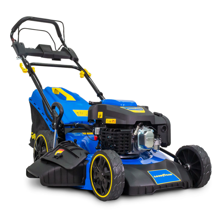 Blue and black Goodyear lawn mower, 7.5HP, yellow accents.