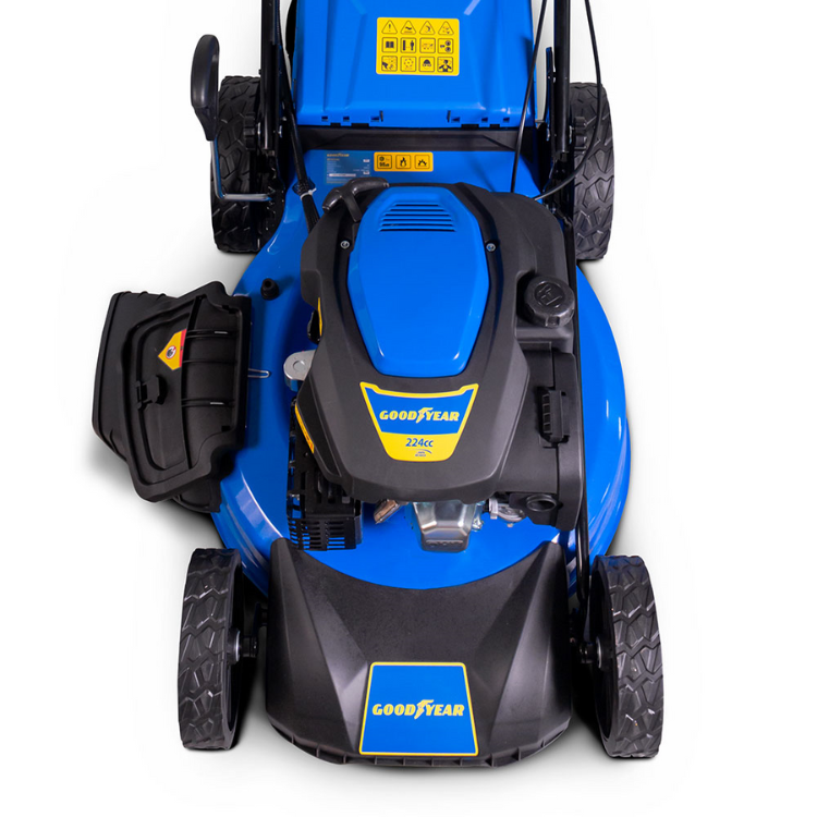 Blue and black Goodyear lawn mower, 7.5HP, 225cc engine.