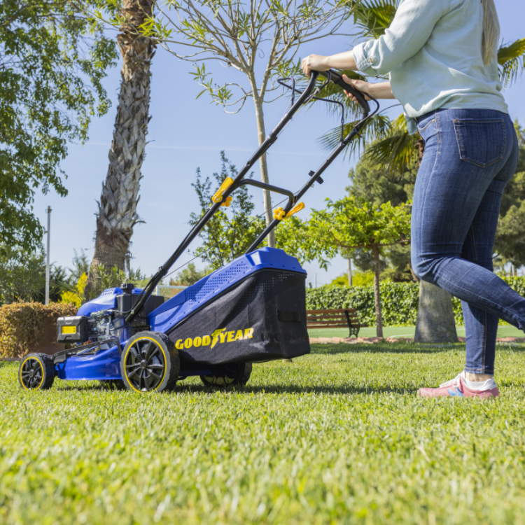 Blue and black Goodyear lawn mower on green grass with woman pushing.