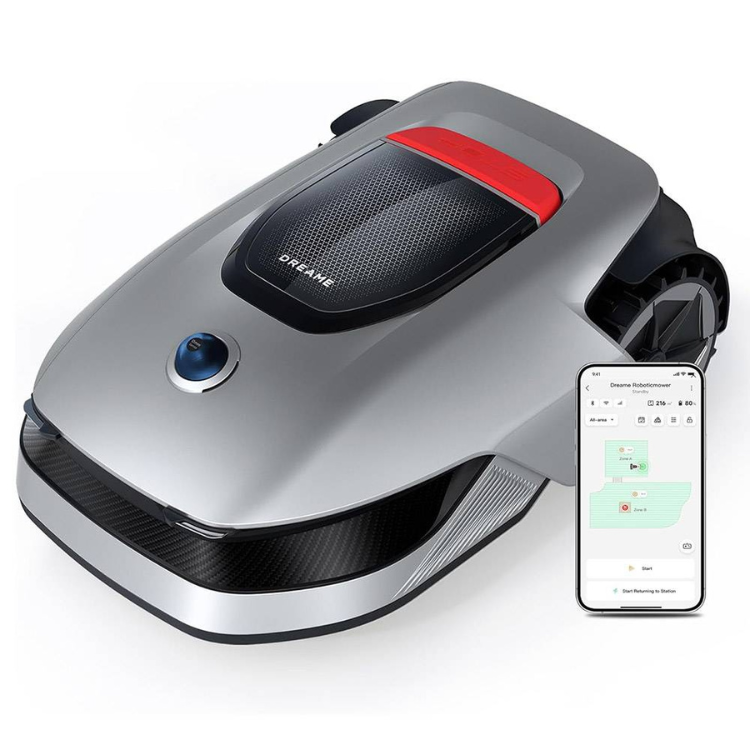 Silver and black Dreame robot lawn mower with red accent, smartphone app displayed beside it.
