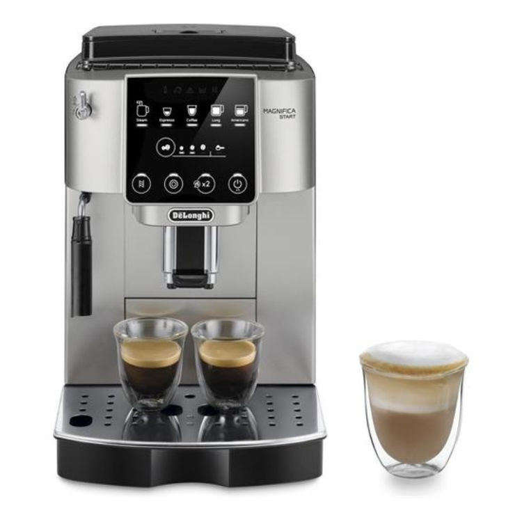 De'Longhi Magnifica S black automatic coffee machine with two espresso cups and a cappuccino.
