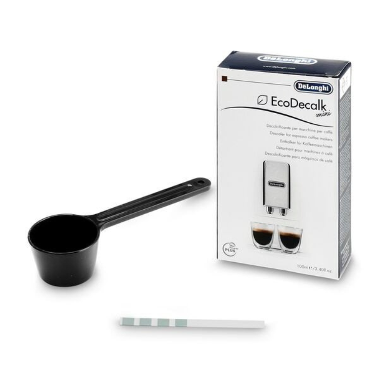 De'Longhi EcoDecalk mini descaling kit, white and black box, scoop and stick.