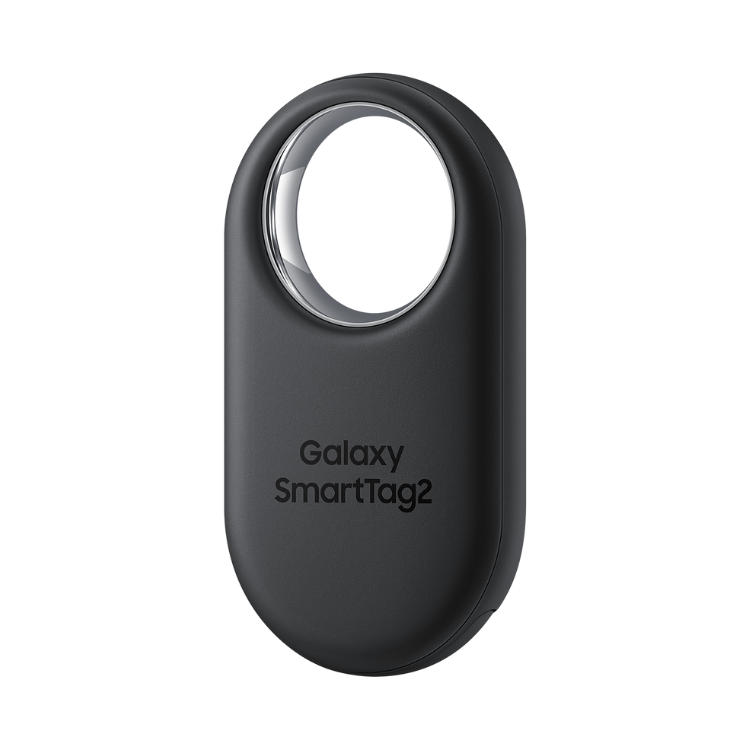 Localizador Samsung Galaxy SmartTag2 preto com anel metálico e logótipo gravado.