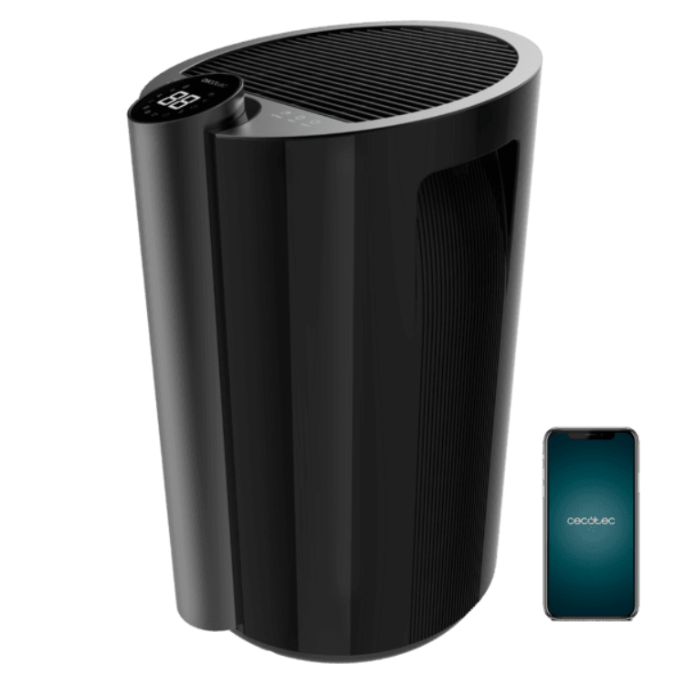 Desumidificador Cecotec BigDry 9000 Professional Connected preto com ecrã digital e aplicação móvel.