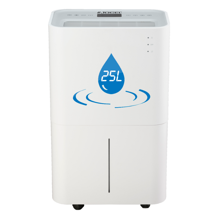 Desumidificador Jocel 25L/Dia branco com logótipo azul e ecrã digital.