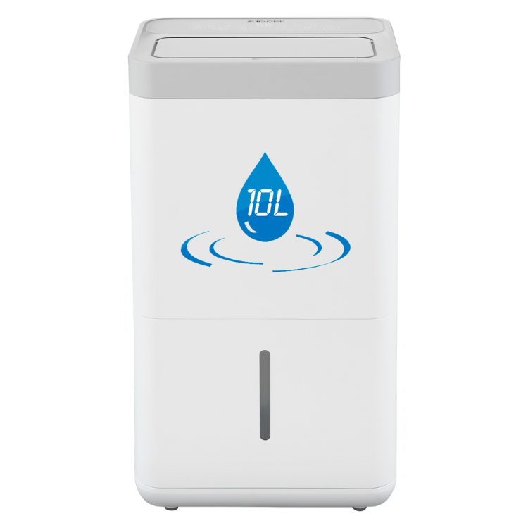 White Jocel dehumidifier, 10L/day, blue logo with water droplet and ripples.