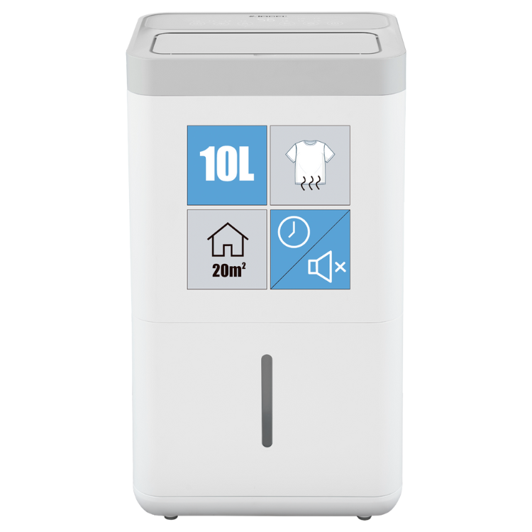 White Jocel dehumidifier, 10L/day, for 20m², with control panel and icons.