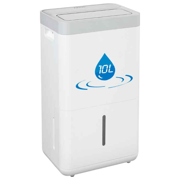 White Jocel dehumidifier, 10L/day, blue logo on front.