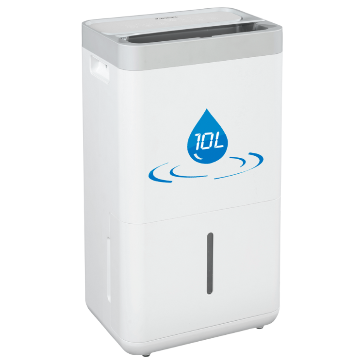 White Jocel dehumidifier, 2L capacity, 10L/day, silver accents, blue logo.
