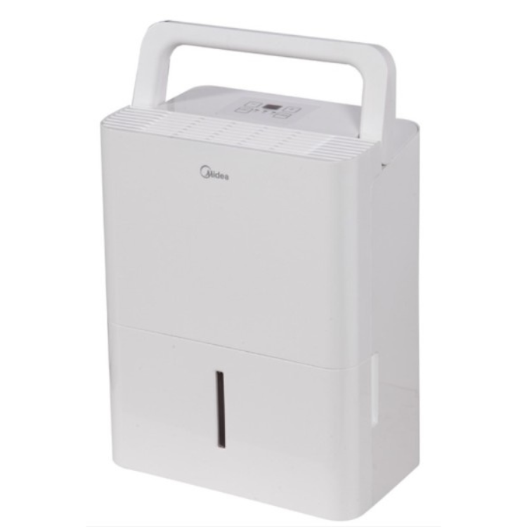 White Midea dehumidifier with handle, 2.1L tank, and control panel on top.