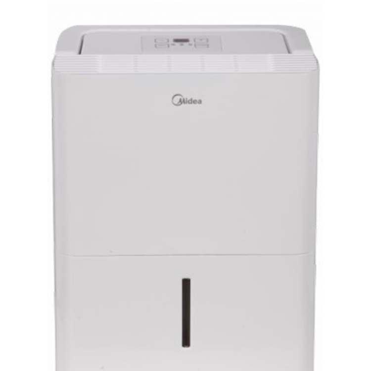 Midea white dehumidifier with control panel on top and brand logo.