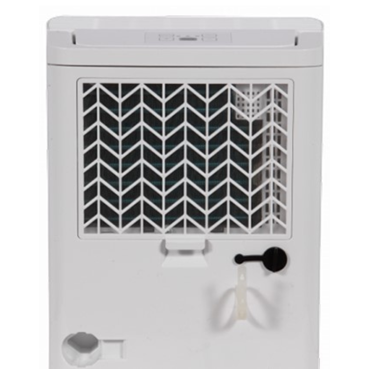 White Midea dehumidifier with chevron-patterned air intake grille and black knob.