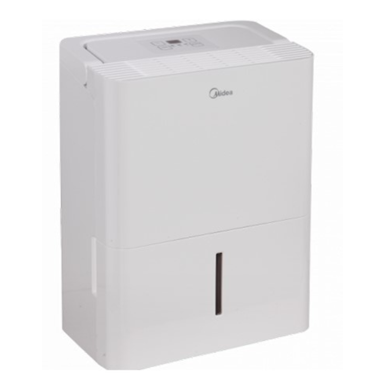White Midea dehumidifier, rectangular with grey logo and vent.
