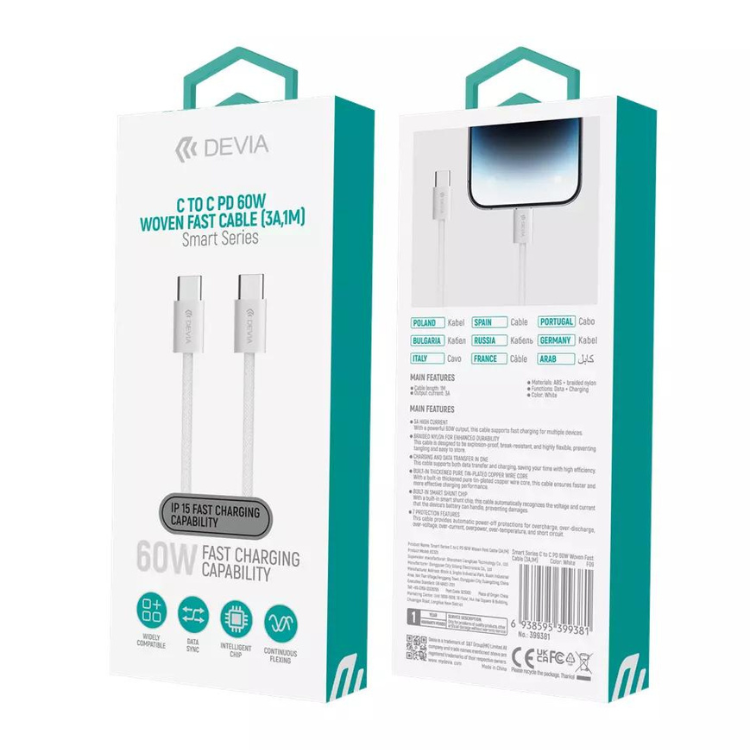 Cabo Devia PD Woven Braided TypeC-TypeC 60W Branco