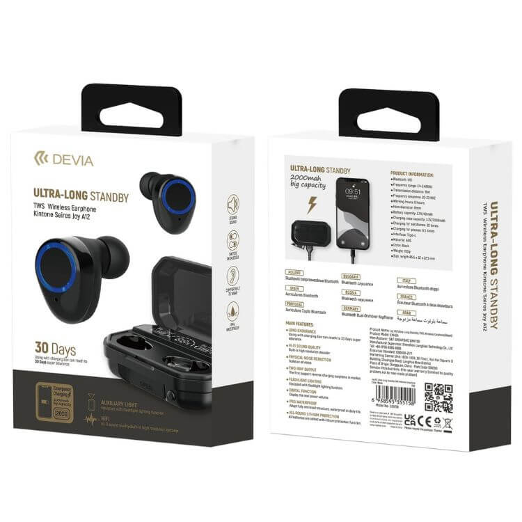 Auriculares Bluetooth Devia Joy A12 Ultra-Long TWS Wireless Preto
