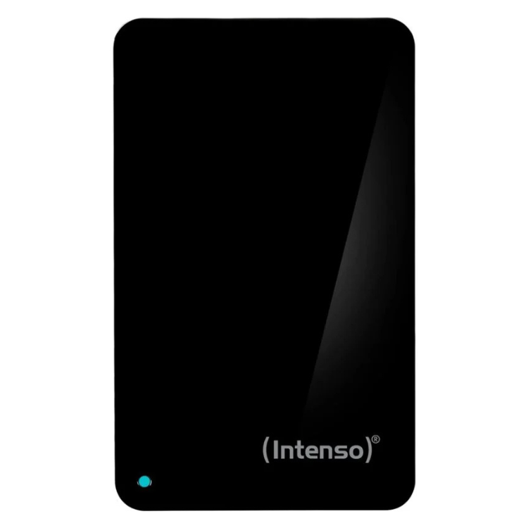 Black Intenso external hard drive, 1TB, USB 3.0, blue LED indicator.