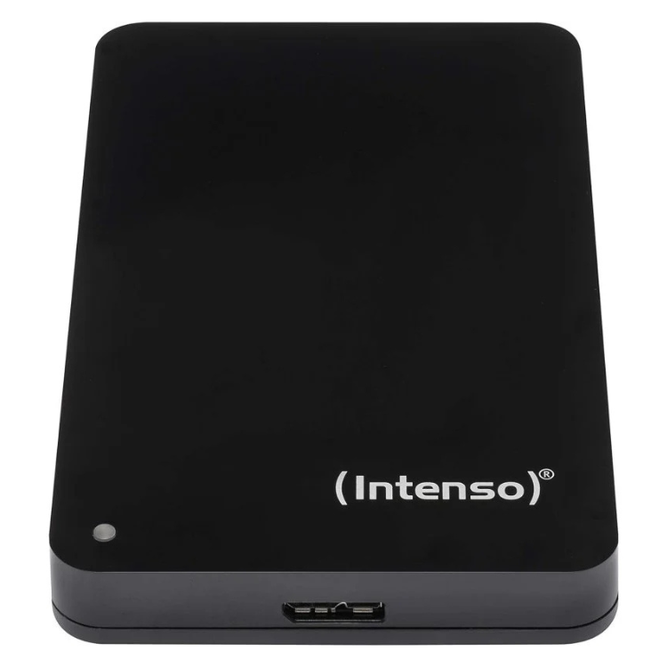 Black external hard drive, Intenso brand, 1TB, USB 3.0 port visible.