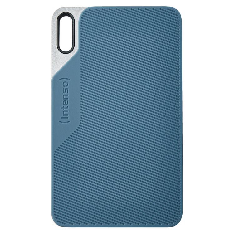 Intenso blue external SSD with USB-C, 500GB, textured surface.