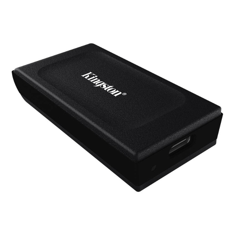 Black Kingston external SSD, rectangular with USB port.