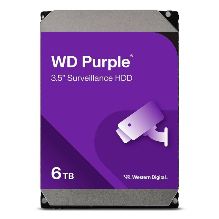 Western Digital Purple 6TB 3.5" Surveillance HDD, purple and silver hard drive with security camera icon.