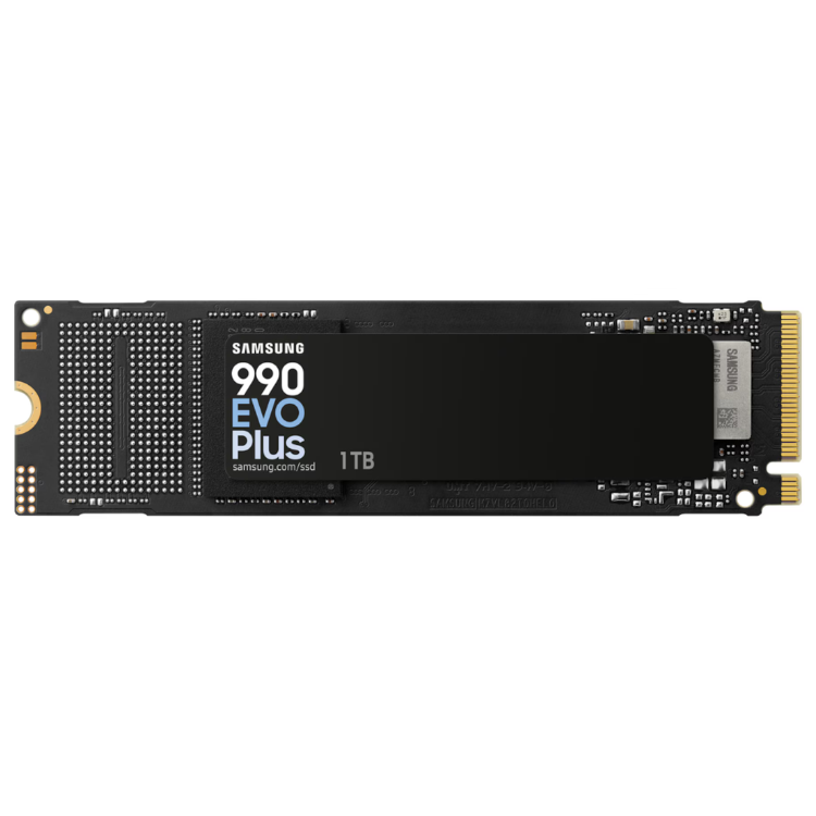 Samsung 990 EVO Plus 1TB black M.2 NVMe SSD with gold connectors.
