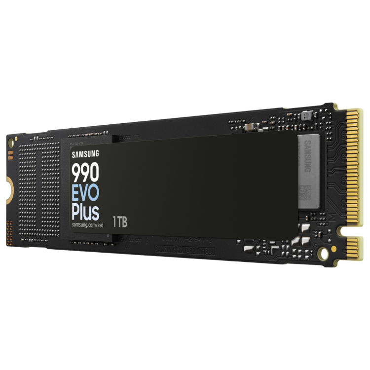 Samsung 990 EVO Plus 1TB M.2 PCIe 5.0 NVMe SSD, black, gold connectors.