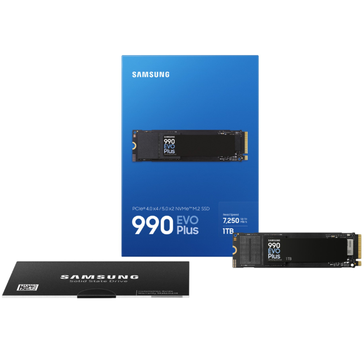 Samsung 990 EVO Plus 1TB M.2 PCIe 5.0 NVMe SSD, black, with packaging.