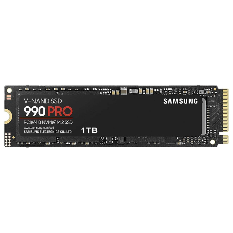 Samsung 990 Pro 1TB M.2 PCIe 4.0 NVMe SSD, black, gold connectors.