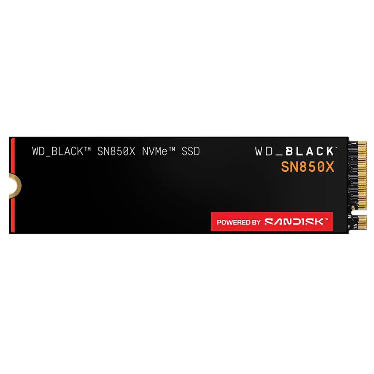 WD Black SN850X NVMe SSD, 2TB, black, gold pins, SanDisk logo.