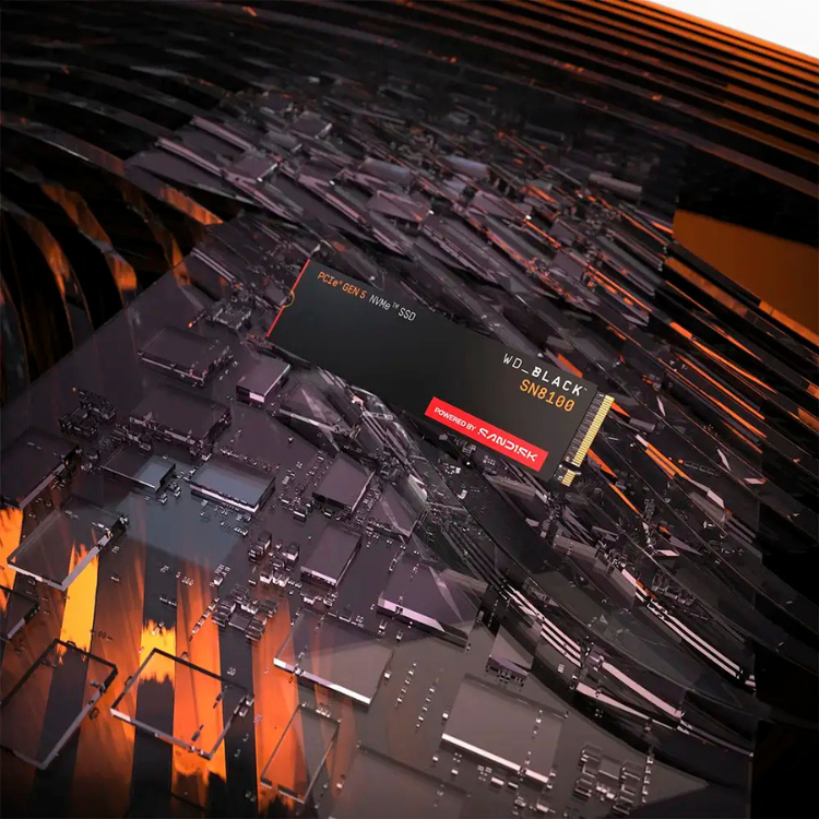 WD Black SN8100 1TB NVMe SSD, black, on circuit board with orange accents.