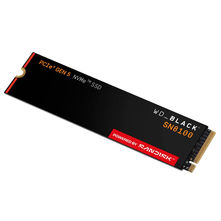 Black Western Digital WD-Black SN8100 1TB NVMe SSD, PCIe Gen 5, gold and red text and accents.