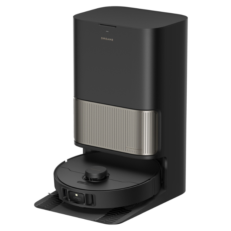 Black Dreame L40S Pro Ultra robot vacuum with charging base.