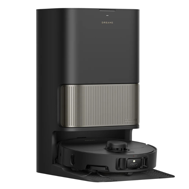 Black Dreame L40S Pro Ultra robot vacuum with charging base.