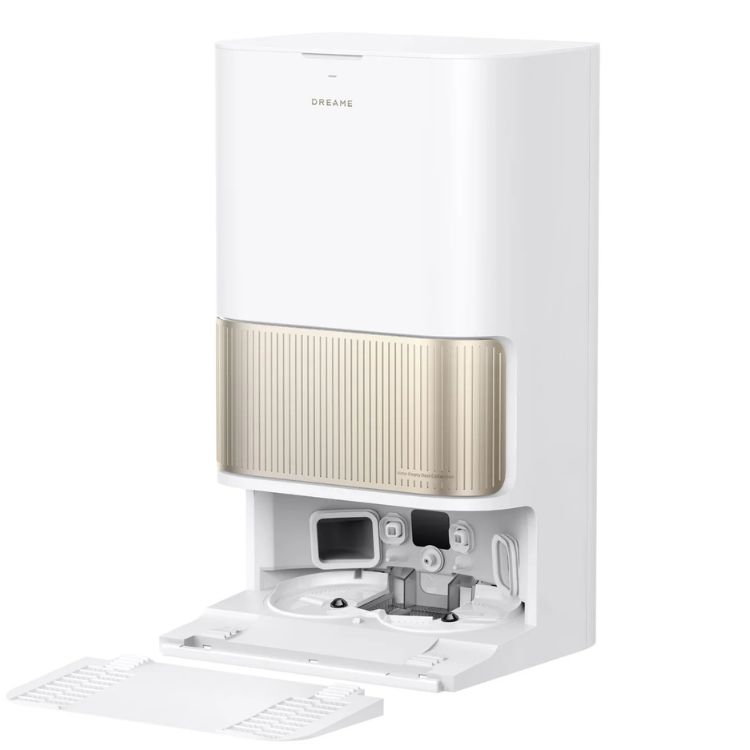 White Dreame L40S Pro Ultra robot vacuum cleaner charging base with gold accents.