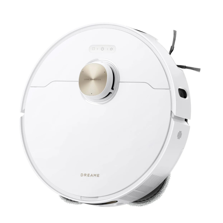 White Dreame robot vacuum cleaner with gold accents and charging dock base.