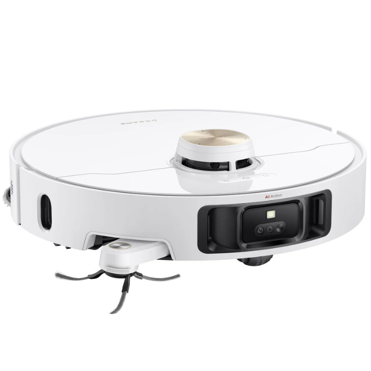 White Dreame robot vacuum cleaner with black accents and charging dock.