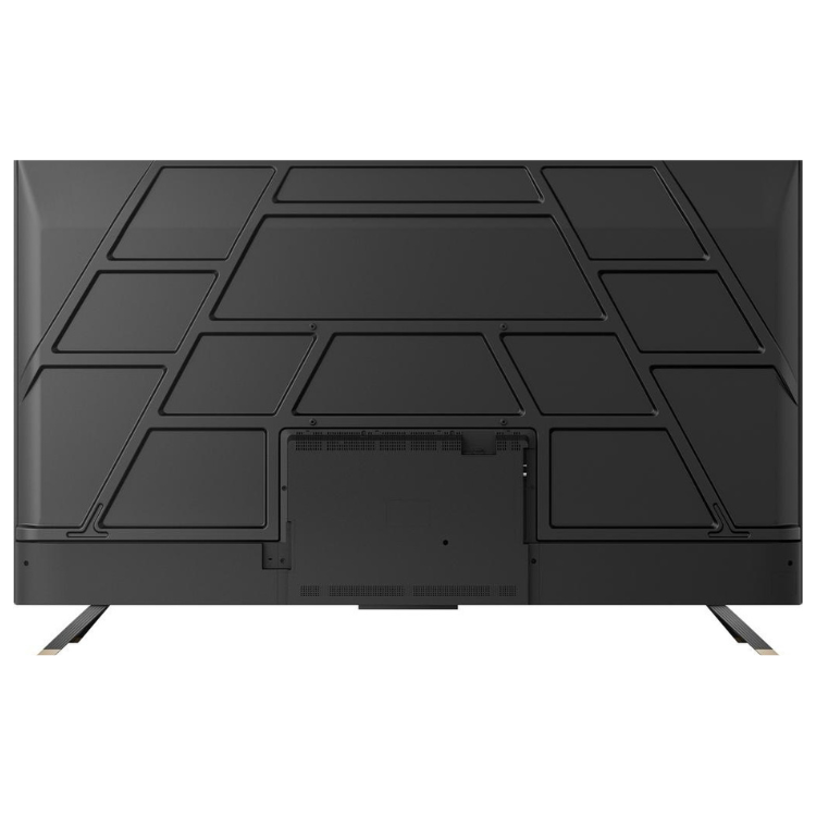 Televisão Dreame Q100 Smart TV 4K QLED 65" preta com detalhes geométricos na parte de trás e pernas metálicas.