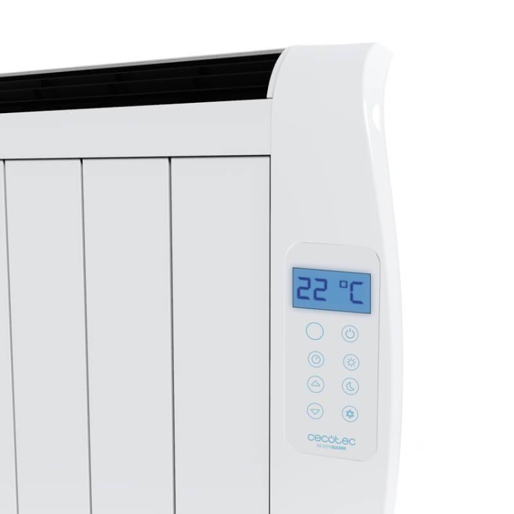 Aquecedor Emissor Térmico Cecotec Ready Warm 1800 Thermal, branco, com painel digital e controlo remoto.