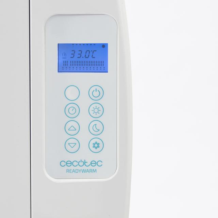 Painel de controlo do emissor térmico Cecotec Ready Warm 1800 Thermal, branco, com ecrã digital e botões azuis.