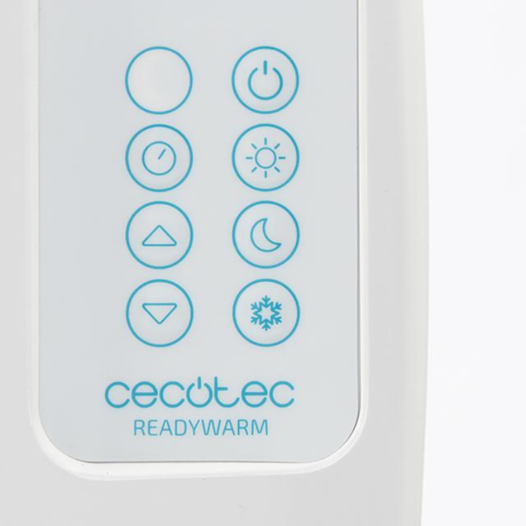 Painel de controlo do emissor térmico Cecotec Ready Warm, branco com símbolos azuis e logótipo Cecotec.