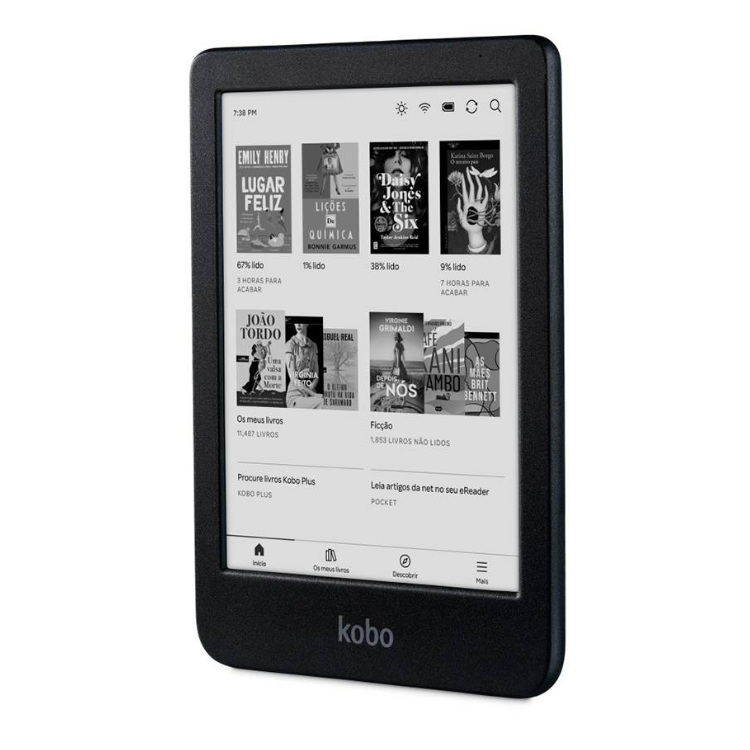 eReader Kobo Clara, 6 polegadas, 16GB, Wi-Fi, preto, ecrã a mostrar biblioteca de livros.