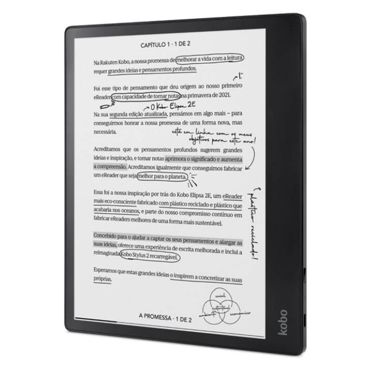 eReader Kobo Elipsa 2E, ecrã 8", 32GB, Wi-Fi, preto, com caneta Kobo Stylus 2 incluída.