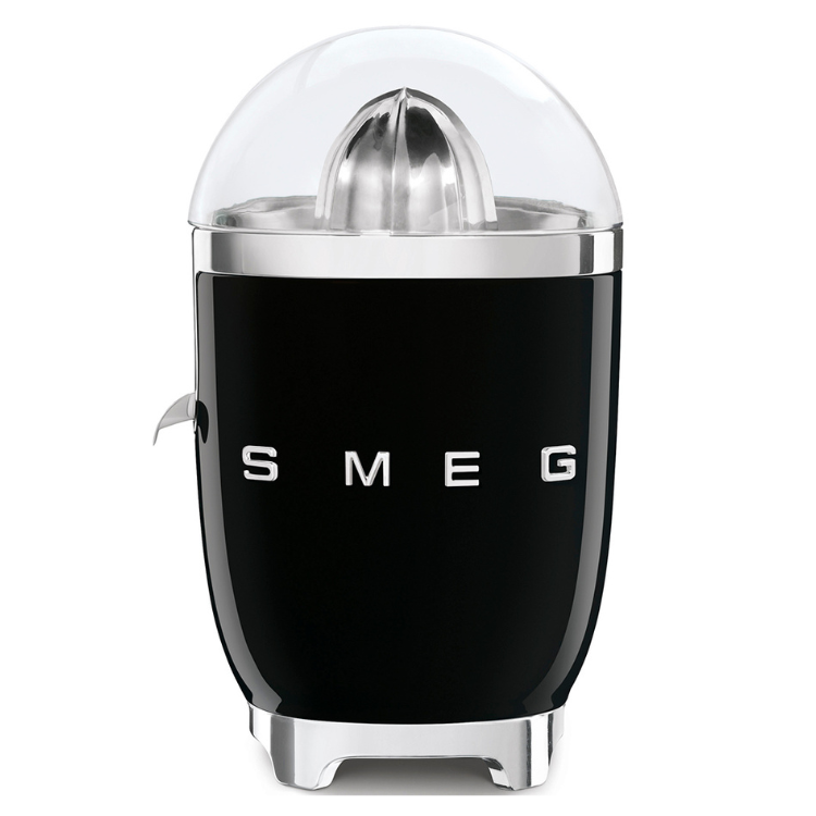 Black Smeg citrus juicer with clear dome and silver accents.