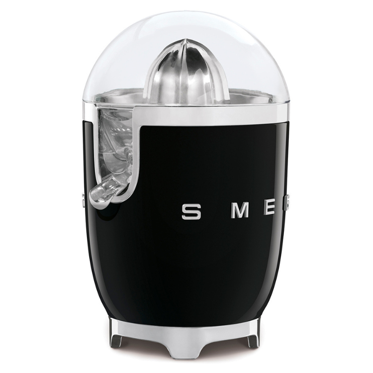 Black Smeg citrus juicer with clear dome and silver accents.