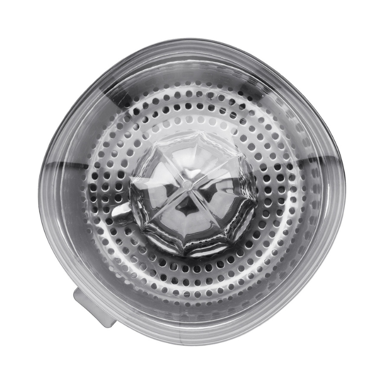 Smeg Anni 50 black citrus juicer with clear plastic top and metal strainer.