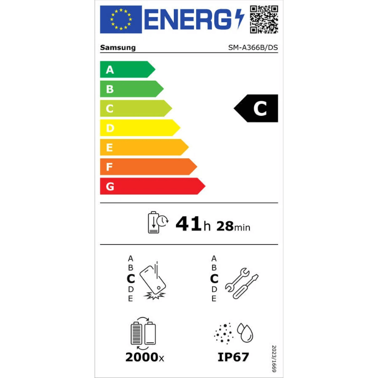 Etiqueta energética do Samsung com classificação C, bateria de 41 horas e 28 minutos, resistência IP67 e zoom 2000x.
