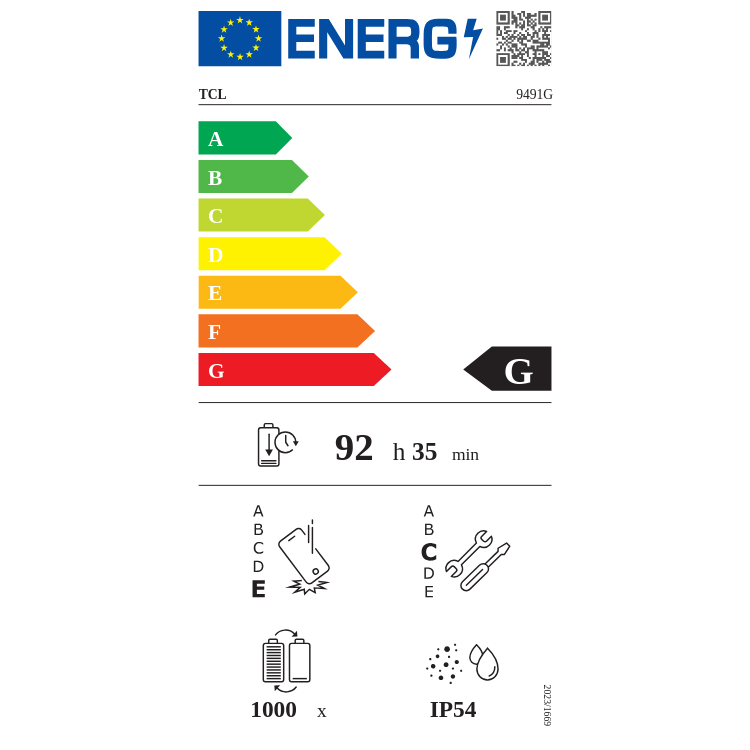 Etiqueta energética do tablet TCL, eficiência G, 92h35min, IP54, bateria 1000x.