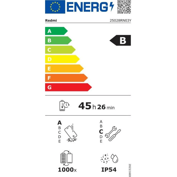 Etiqueta energética do smartphone Xiaomi Redmi, classificação B, bateria 45 horas e 26 minutos.
