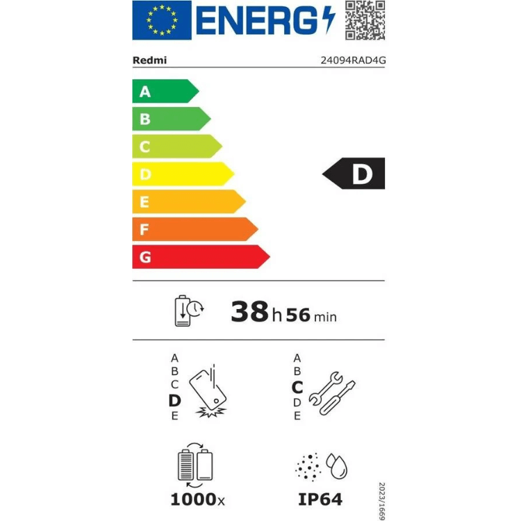 Etiqueta energética do smartphone Redmi, eficiência energética D, bateria 38 horas e 56 minutos.